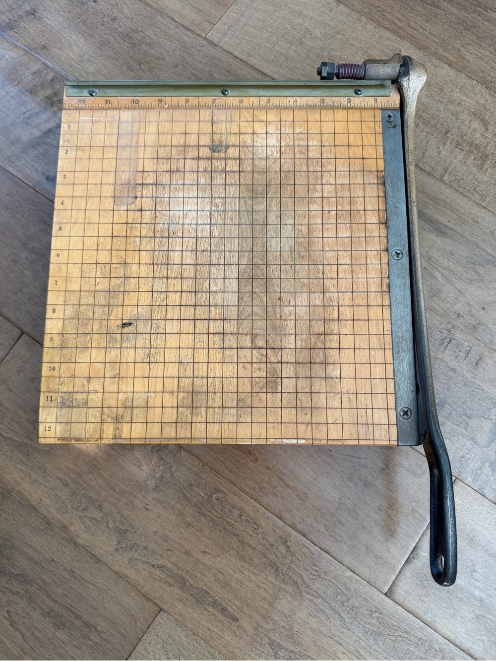 Vintage Wood Guillotine Paper Cutter - Metal Handle